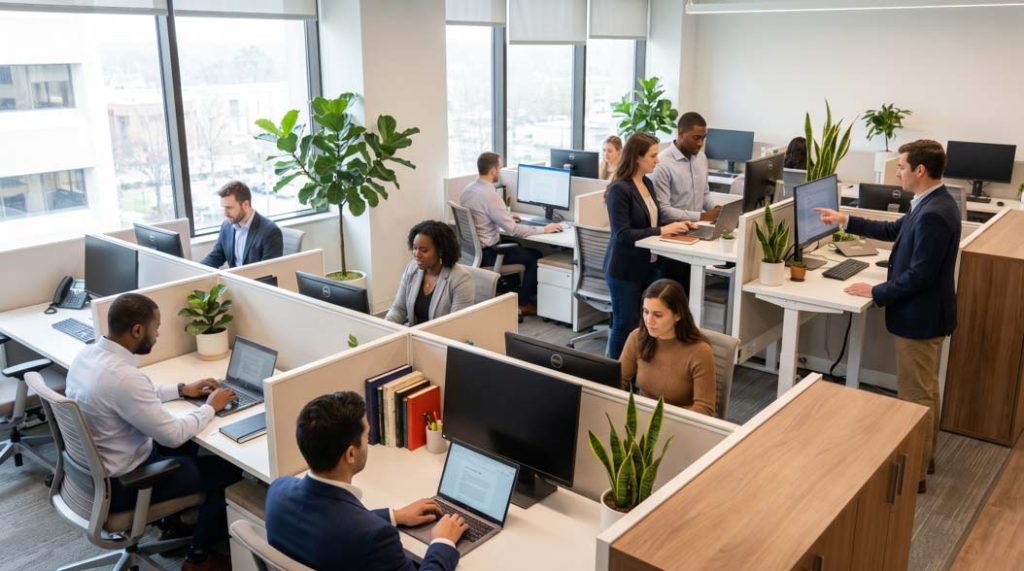 A professional back-office operations team reviewing payroll, HR compliance, benefits administration, and employee records on multiple screens.